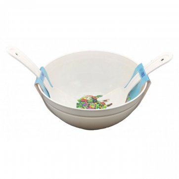 Dunya Set of 3 pcs. salad bowl 5.5lt white plastic with fork and spoon 28x13.5cm.